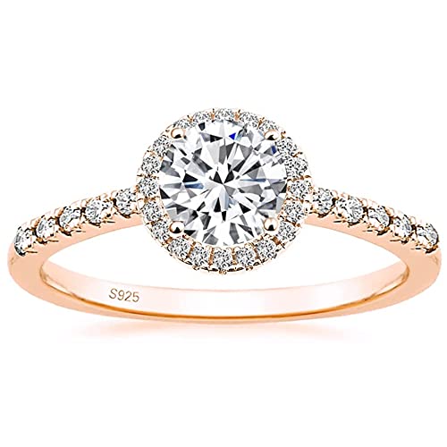 Zakk Ring Damen Verlobungsring Silber 925 Runden Zirkonia 1,25 Karat Solitaire Halo Partnerringe Eheringe Trauringe Freundschaftsringe Versprechen Ringe (Rosegold,48 (15.3)) von Zakk