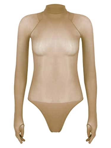 Zaldita Damen Nylon Body Transparent Bodysuit Langarm Catsuit mit Full Finger Handschuhe Erotik Lingerie Dessous Nachtwäsche A Kaffee Einheitsgröße von Zaldita