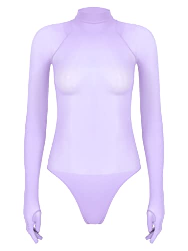 Zaldita Damen Nylon Body Transparent Bodysuit Langarm Catsuit mit Full Finger Handschuhe Erotik Lingerie Dessous Nachtwäsche A Lila Einheitsgröße von Zaldita