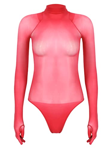 Zaldita Damen Nylon Body Transparent Bodysuit Langarm Catsuit mit Full Finger Handschuhe Erotik Lingerie Dessous Nachtwäsche A Rot Einheitsgröße von Zaldita