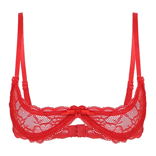 Zaldita Damen Bra Spitze Transparente BH Offene Brustier Push Up Bra Hebe BH Spaghettiträgern Büstenhebe Nachtwäsche Nachtclub A Rot L von Zaldita