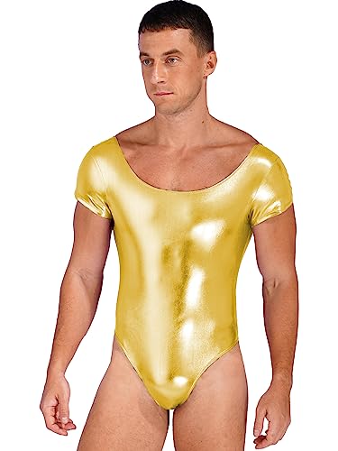 Zaldita Herren Wetlook Body Overall Einteiler Kurzarm Bodysuit Glänzend Catsuit Nachtwäsche Party Clubwear Bühnenauftritte A Gold 3XL von Zaldita