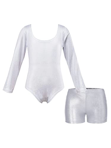 Zaldita Mädchen Turnanzug Langarm Tanzbody mit Glänzend Shorts Ballett Trikot Ballettanzug Training Gymnastik Tanzen Silber 134-140 von Zaldita