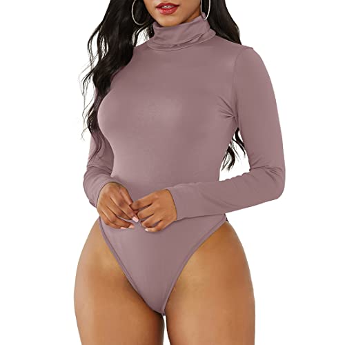 Zando Damen Body Sexy Body Damen Elegant Langarmbody mit Rollkragen Damenbody Stringbody Bodysuit Top Rosa-violett XL von Zando