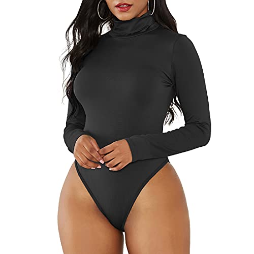 Zando Damen Body Sexy Body Damen Elegant Langarmbody mit Rollkragen Damenbody Stringbody Bodysuit Top Schwarz S von Zando