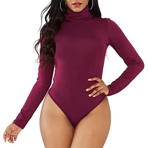 Zando Damen Body Sexy Body Damen Elegant Langarmbody mit Rollkragen Damenbody Stringbody Bodysuit Top Tiefrot M von Zando