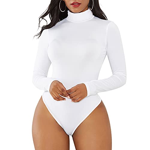 Zando Damen Body Sexy Body Damen Elegant Langarmbody mit Rollkragen Damenbody Stringbody Bodysuit Top Weiß L von Zando