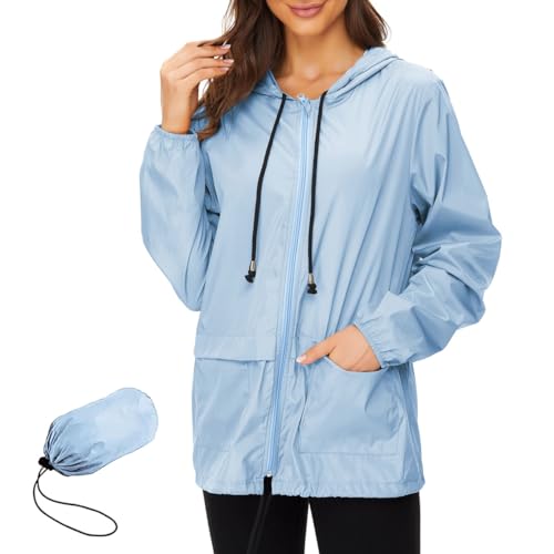 Zando Damen RegenJacke Outdoor Regenmantel Kurzmantel Leicht Jacke Windbreaker mit Kapuze Outdoorjacke Winddicht Windjacke Blau 2XL von Zando