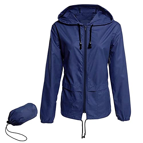 Zando Damen RegenJacke Outdoor Regenmantel Kurzmantel Leicht Jacke Windbreaker mit Kapuze Outdoorjacke Winddicht Windjacke Dunkelblau XL von Zando