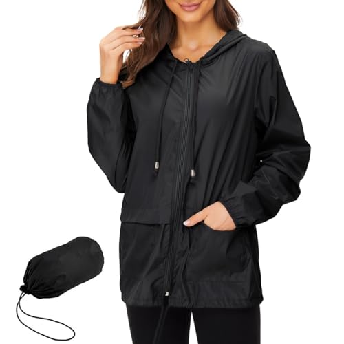 Zando Damen RegenJacke Outdoor Regenmantel Kurzmantel Leicht Jacke Windbreaker mit Kapuze Outdoorjacke Winddicht Windjacke Schwarz 3XL von Zando