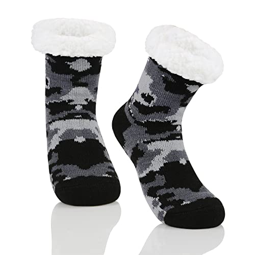 Zando Flauschige Lustig Kuschelsocken Kinder Haussocken Kinder Antirutsch Thermosocken für Mädchen und Jungen Schwarz Grau Camo 8-12 Jahre von Zando