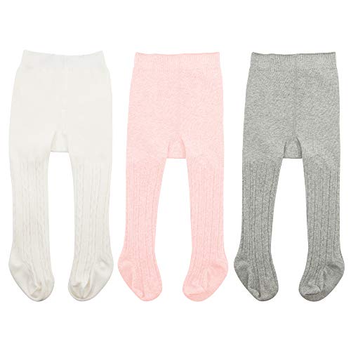 Zando Kinder Strumpfhosen Mädchen Baby-Strumpfhosen Baumwolle Socken Kinderstrumpfhose Leggings Baby Kleinkind 3 Paar-Pink Weiß und Hellgrau 2-4 Jahre (Tag Size XL) von Zando