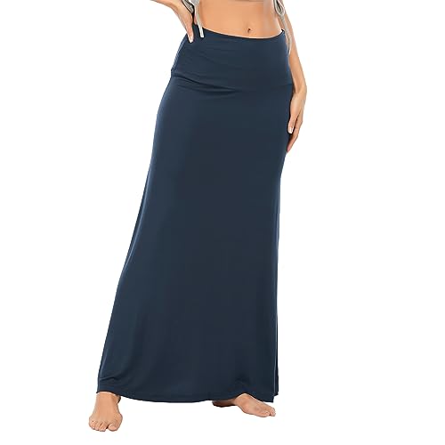 Zando Maxirock Damen Lang Weiche Rock Dehnbarer Taille Trachtenrock Damen Boho Rock Strandrock Navy S von Zando