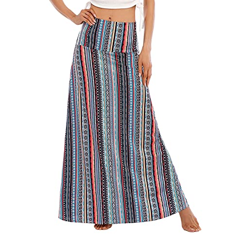 Zando Maxirock Damen Lang Weiche Rock Dehnbarer Taille Trachtenrock Damen Boho Rock Strandrock Streifengeometrie L von Zando