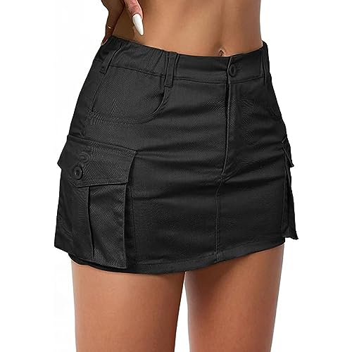 Zando Niedrige Taille Jeansrock Damen Rock mit Taschen Hosenrock Damen Sommer Minirock mit Knöpfen Schwarz L von Zando