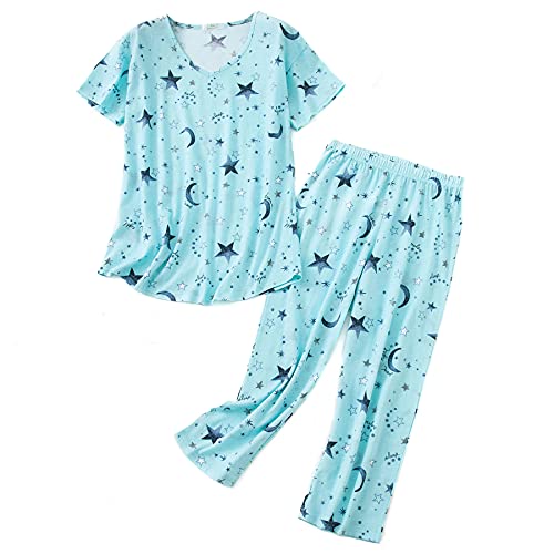 Zando Schlafanzug Damen Pyjama Damen Schlafanzug Damen Lang Schlafanzüge Für Damen Pyjamahose Damen Lang Loungewear Set Damen Schlafanzug Damen Kurz Schlafanzughose Damen Lang Grüner Stern XL von Zando