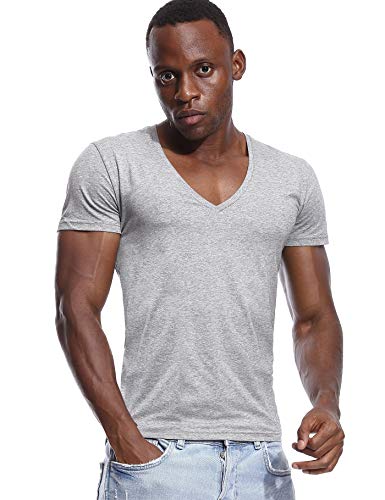 T-Shirt mit tiefem V-Ausschnitt für Herren, tiefer Schnitt, Stretch, unsichtbar, Vee Top, kurzärmelig Gr. XL, grau von Zbrandy