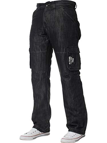 Ze ENZO für Herren Maschinenwaschbare Designer Frachtkampf Denim Hose aus 70% Baumwolle, 30% Polyester mit lockerer Passform, Knopf- und Kordelzugverschluss 32W / 34L Schwarze Waschung von Ze ENZO