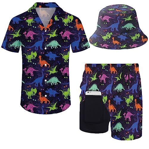 ZePinger Herren 80er Jahre Hemd und Shorts Set 80er 90er Jahre Outfit 90er Jahre Hemd Anzüge mit Bucket Hats, Neonfarbene lustige Dinosaurier, XX-Large von ZePinger