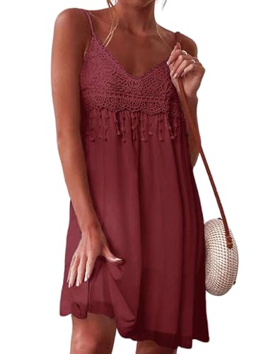 Zeagoo Boho Kleid Damen Trägerkleid V-Ausschnitt Strandkleid Bohemian Sommerkleid mit Fransen Midikleid Lässig Minikleid Ärmellos Freizeitkleid Weinrot XXL von Zeagoo