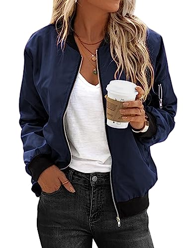 Zeagoo Bomberjacke Damen Langarm Leicht Blouson Jacke Fliegerjacke Atmungsaktiv Sportlich Kurzjacke mit 2 Taschen Reißverschluss Blouson Navy Blau für Fruhling Sommer Herbst L von Zeagoo