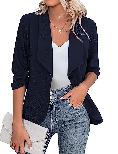 Zeagoo Business Blazer Damen Tailliert Einfarbig Longblazer Slim Fit Revers Geschäft Mantel Anzüge für Damen Navy M von Zeagoo