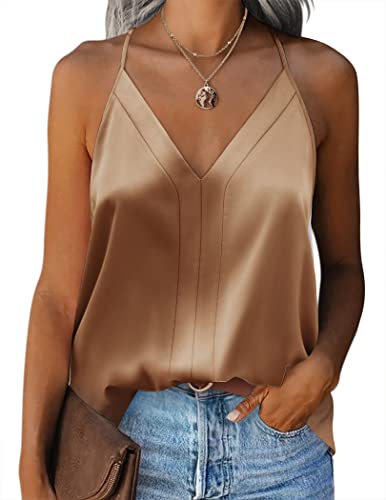 Zeagoo Cami Top Satin Damen Seidentop V Ausschnitt Oberteil Verstellbarer Spaghettiträger Top Sexy Sommer Shirt Frauen Tunika Khaki XXL von Zeagoo