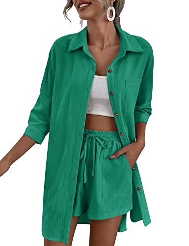 Zeagoo Damen 2 Stück Lounge Trainingsanzug Outfit Sets Baumwolle Leinen High Low Shirt und Kordelzug Casual Shorts Set, Grün , XX-Large von Zeagoo