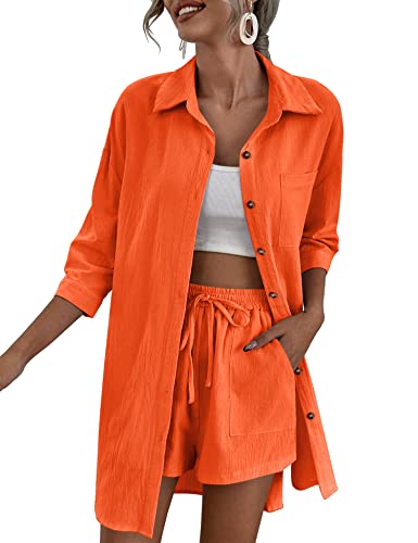 Zeagoo Damen 2 Stück Lounge Trainingsanzug Outfit Sets Baumwolle Leinen High Low Shirt und Kordelzug Casual Shorts Set, Orange/Abendrot im Zickzackmuster (Sunset Chevron), S von Zeagoo