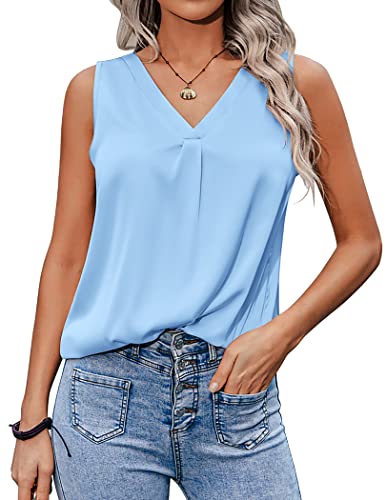 Zeagoo Damen 2023 Seide Satin Tank Tops V-Ausschnitt Casual Cami Ärmellos Camisole Blusen Sommer Basic Tank Shirt, Hell, blau, XX-Large von Zeagoo