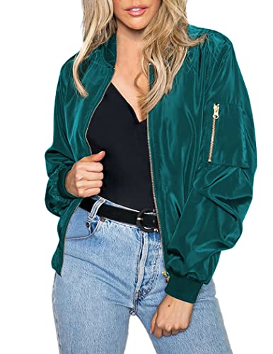 Zeagoo Damen-Bomberjacke, lässig, leicht, mit Reißverschluss, klassisch, solide Jacke, Satinblau-Grün, X-Large von Zeagoo