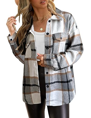 Zeagoo Damen Holzfäller Jacke Hemdjacke Urban Style Hemdbluse Oversize Kariert Herbst Winter Freizeit Karobluse Retro Karo Basic Jacke Hellgrau XL von Zeagoo