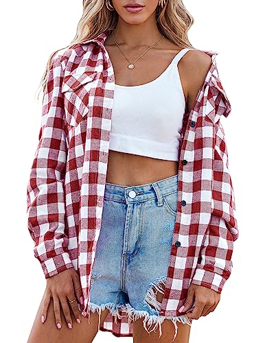 Zeagoo Damen Karierte Bluse Kurzarm Jacke Button-Down Karohemd Sommer Oberteil Geschenk Casual Hemdbluse Weinrot L von Zeagoo