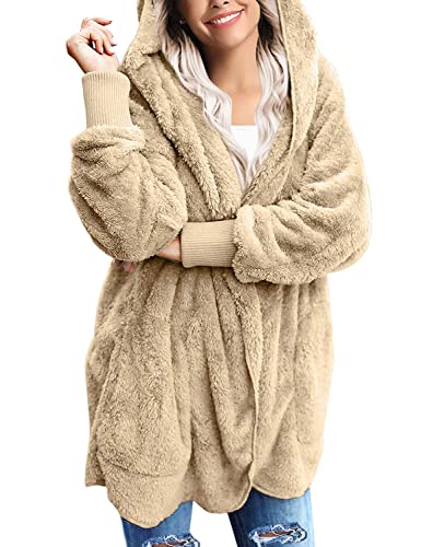 Zeagoo Damen Mantel Plüschjacke Cardigan Hoodie Jacke Strickjacke Oversize Winterjacke Langarm Wintermantel Kapuzenjacke mit Taschen Beige M von Zeagoo