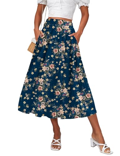 Zeagoo Damen Midi Röcke Elastische Hohe Taille Rock Polka Dot Casual Faltenrock mit Taschen, Rosa Blumenmuster, marineblau, Mittel von Zeagoo