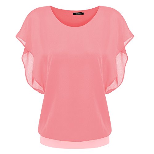 Zeagoo Chiffonbluse Damen Fledermaus Batwing Tunika T-Shirt Top Kurzarm Bluse Sommer Casual Shirt Hellrosa L von Zeagoo