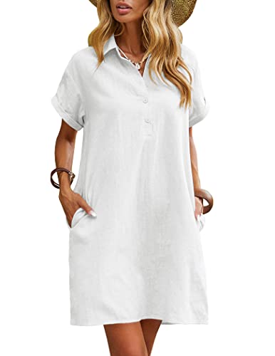 Zeagoo Damen Sommerkleid Knielang Leinen Strandkleid Tunika Lässiges Baumwolle Kleider Elegant Boho Blusenkleid Sommer lockeres Kleid Minikleid Weiß XL von Zeagoo