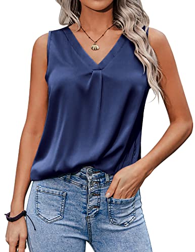 Zeagoo Damen Tank Top Sommer Ärmellose Blusentop V-Ausschnitt Weste Top Casual Shirt Tops Bluse Blau XL von Zeagoo