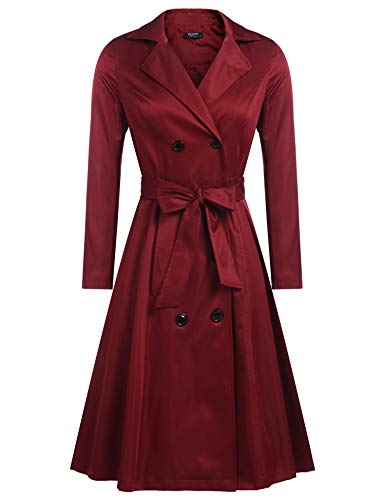 Zeagoo Damen Trenchcoats Zweireihiger langer Mantel mit Gürtel, Weinrot, M von Zeagoo