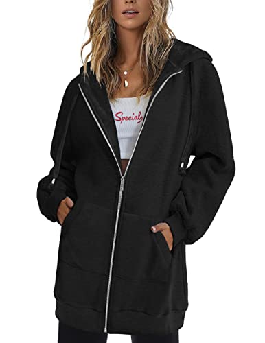 Zeagoo Frauen Zip Up Hoodies Langarm Herbst Kapuze Leichte Tunika Sweatshirt Oversize Fleece Jacke mit Taschen, A-Schwarz, L von Zeagoo