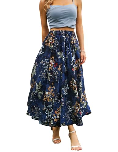 Zeagoo Langer Rock Damen Sommer Röcke Boho Blumen Sommerrock Hohe Taille Maxirock Mit Kordelzug Maxi Skirt Strandrock Freizeitrock Marineblau Druck XL von Zeagoo