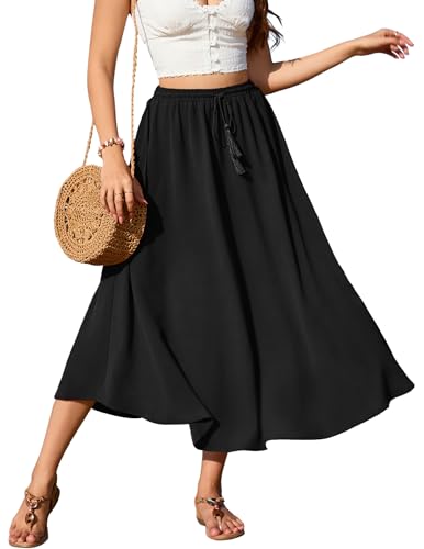 Zeagoo Rock Damen Lang Elegant Hohe Taille Maxirock Schwarz Mit Kordelzug Einfarbig Röcke Tüll Casual Midi Freizeitrock Hochzeit Cocktail Skirt Frühling Sommer S von Zeagoo