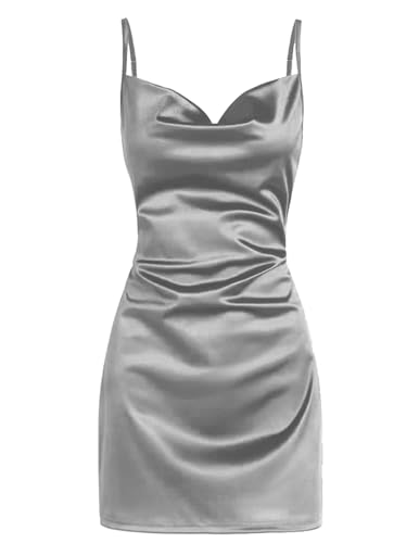 Zeagoo Satin Trägerkleid Damen V-Ausschnitt Sommerkleid Elegant Kleid Lässig Einfarbig Minikleid Ärmellos Freizeitkleid Grau XXL von Zeagoo