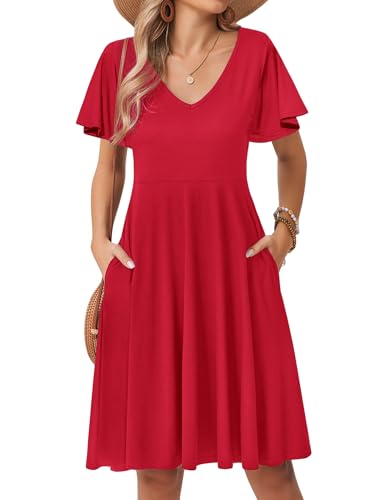 Zeagoo Sommerkleider Damen Knielang Rüschen Kleid V-Ausschnitt Strandkleid Casual A-Linie Kleider Sommer Blusenkleid mit Taschen Rot L Zeagoo Sommerkleider Damen Knielang Rüschen Kleid V-Ausschnitt Strandkleid Casual A-Linie Kleider Sommer Blusenkleid mit Taschen Rot L von Zeagoo