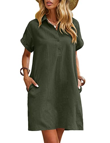 Zeagoo Tunika Kleid Baumwolle Sommerkleider Kleid Vintage Lose Casual Leinen Kleid Strandtunika mit Taschen Armeegrün XL von Zeagoo