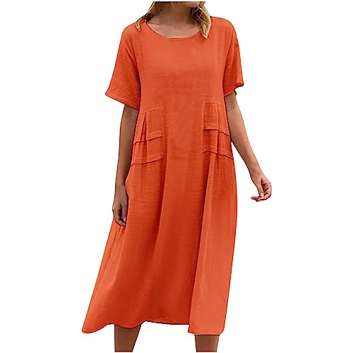 Sommerkleider Damen Curvy Leinenkleider GroßE GrößEnDamen Baumwollkleider Sommer Strand Freizeitkleider Leinen Baumwolle Kleid Casual Kurzarm Kleid Vintage Rundhalsausschnitt Urlaub Kleider von Zeiayuas