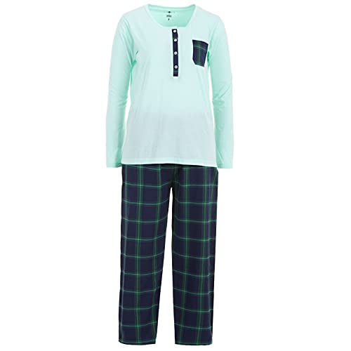 Damen Pyjama lang Baumwolle Schlafanzug kariert, Größe:L, Farbe:Türkis von Zeitlos