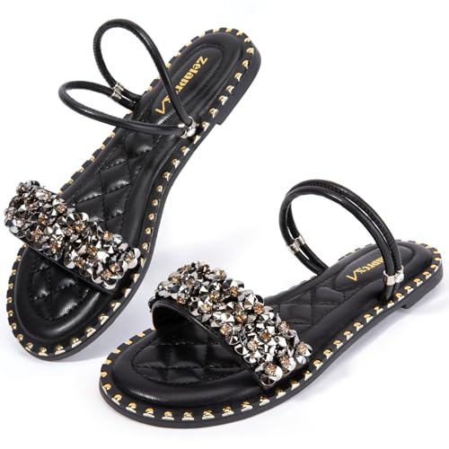 Zelaprox Flache Sandalen für Damen, Strass, offene Zehen, glitzernd, zum Reinschlüpfen, Riemchen, Glitzer, lässig, elegant, flache Sandalen für den Sommer, Schwarz, 37.5 EU von Zelaprox