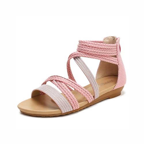 Zenithia Flache Damensandalen,böhmische glänzende Webart,Gladiator-Sandalen,Damen,Sommer,römische Sandalen mit Reißverschluss hinten,Größe 36–42 EU von Zenithia