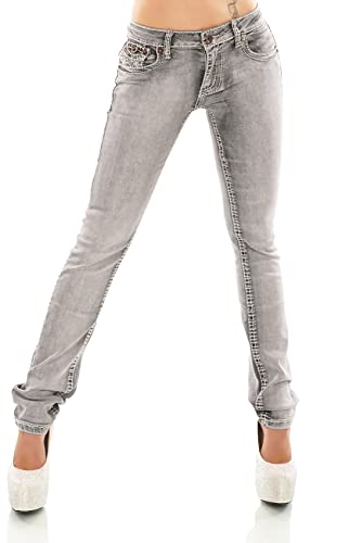 Zeralda Damen Jeans Hose gerade Straight Bootcut Flap Pocket Dicke Nähte Stretch 36-44 (Grey-Washed-90-85, 36) von Zeralda